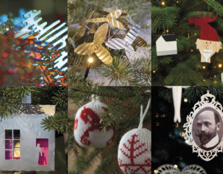  Fotocollage av ulik juletrepynt som har vært på Maihaugens juletre. 